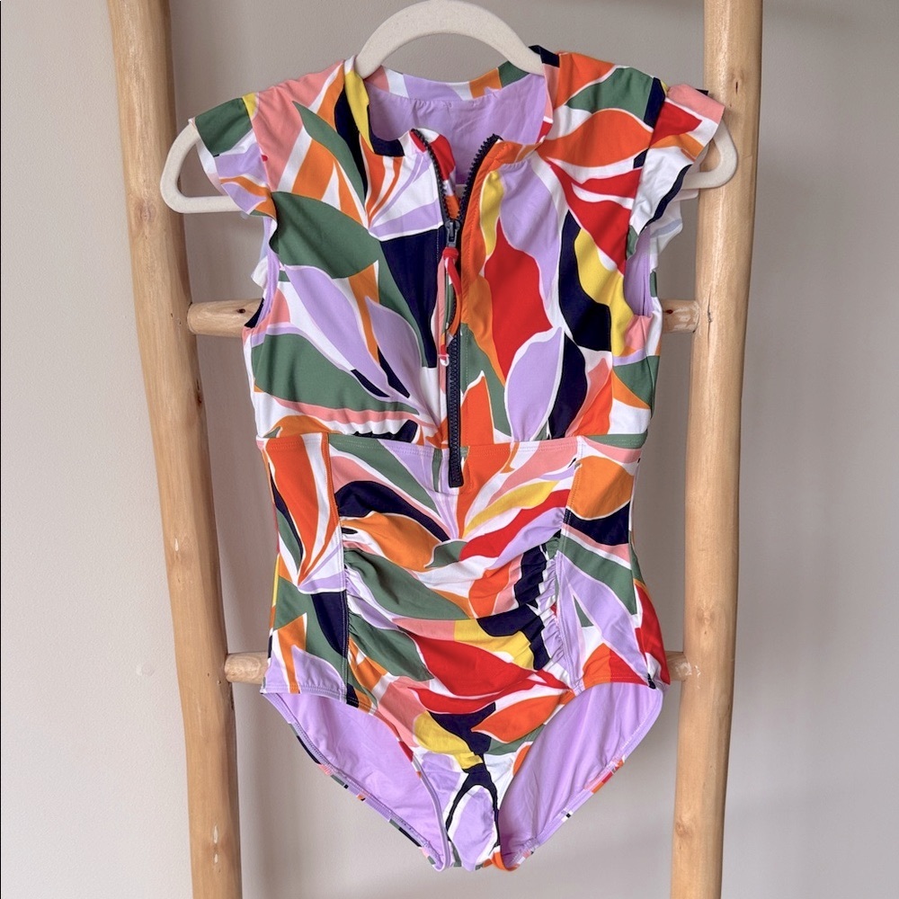 Anne Cole Zip Up Flutter Sleeve Rash Guard One Piece Swimsuit in Palm Party Sz 6 - Picture 4 of 15